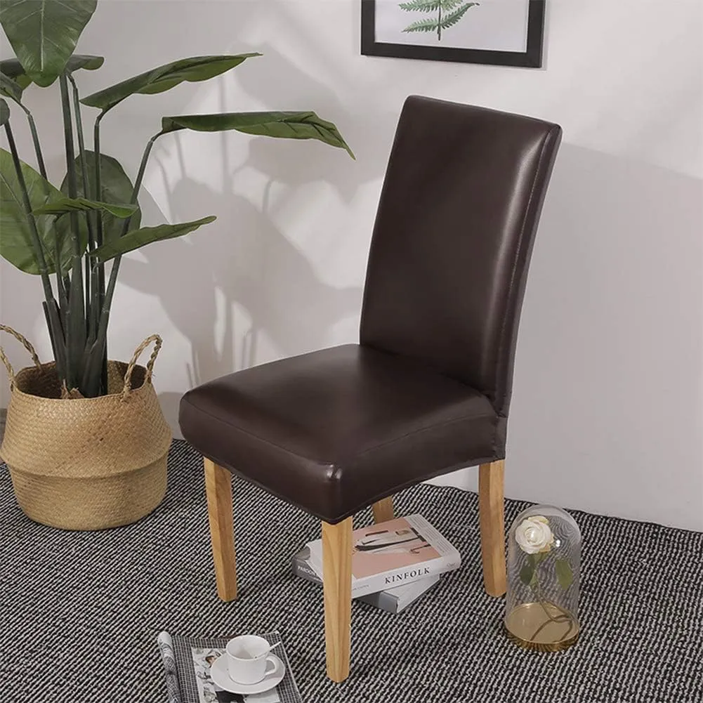 FLYPARTY Stretch Solid Pu Leather Waterproof Dining Chair Cover Slipcover Removable Washable Short Dining Chair Cover Protector Seat Solid Slipcovers for Hotel,Dining Room,Wedding (Brown, 4)