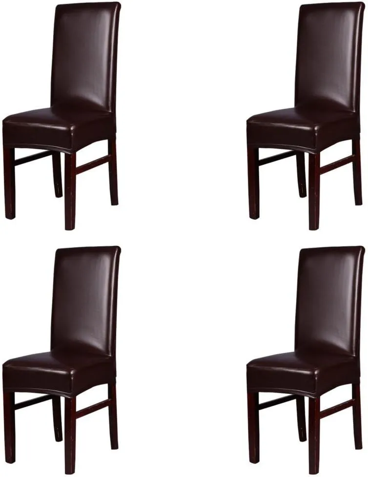 FLYPARTY Stretch Solid Pu Leather Waterproof Dining Chair Cover Slipcover Removable Washable Short Dining Chair Cover Protector Seat Solid Slipcovers for Hotel,Dining Room,Wedding (Brown, 4)