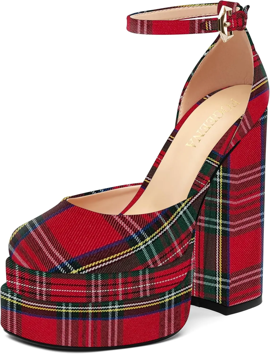 FOGEENA Platform Chunky Heels for Women Block High Heels Patent Closed Round Toe Ankle Strap 5.9 Inch Pumps Fashion Dating Prom Party Dress Shoes
