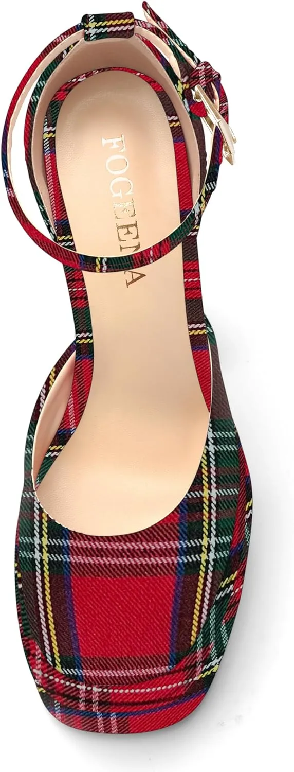 FOGEENA Platform Chunky Heels for Women Block High Heels Patent Closed Round Toe Ankle Strap 5.9 Inch Pumps Fashion Dating Prom Party Dress Shoes