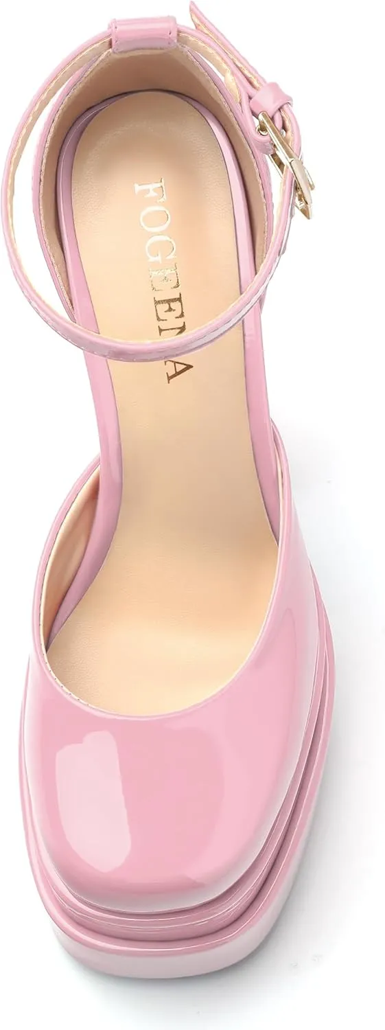 FOGEENA Platform Chunky Heels for Women Block High Heels Patent Closed Round Toe Ankle Strap 5.9 Inch Pumps Fashion Dating Prom Party Dress Shoes