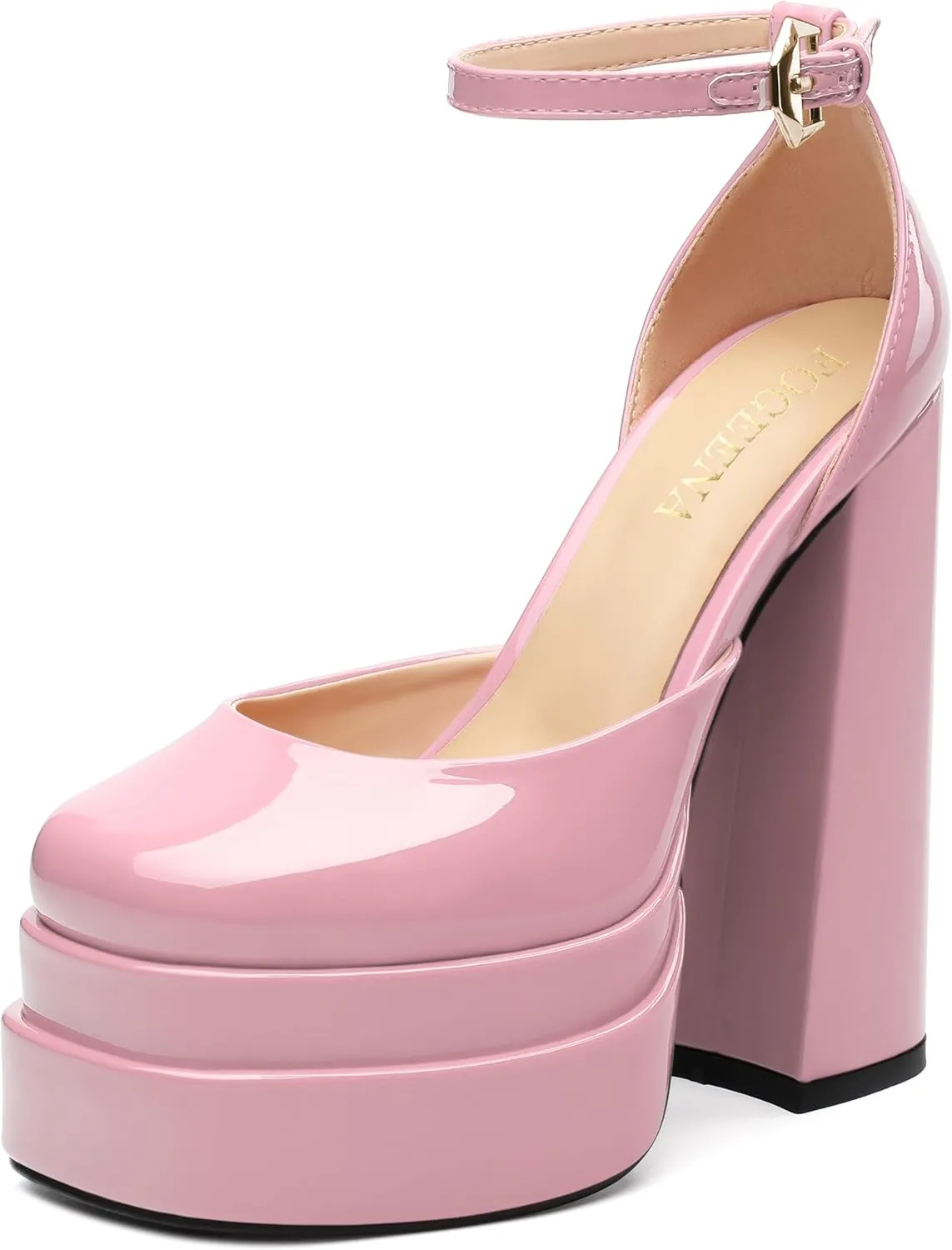 FOGEENA Platform Chunky Heels for Women Block High Heels Patent Closed Round Toe Ankle Strap 5.9 Inch Pumps Fashion Dating Prom Party Dress Shoes