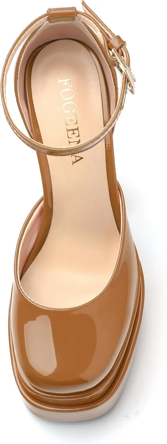 FOGEENA Platform Chunky Heels for Women Block High Heels Patent Closed Round Toe Ankle Strap 5.9 Inch Pumps Fashion Dating Prom Party Dress Shoes