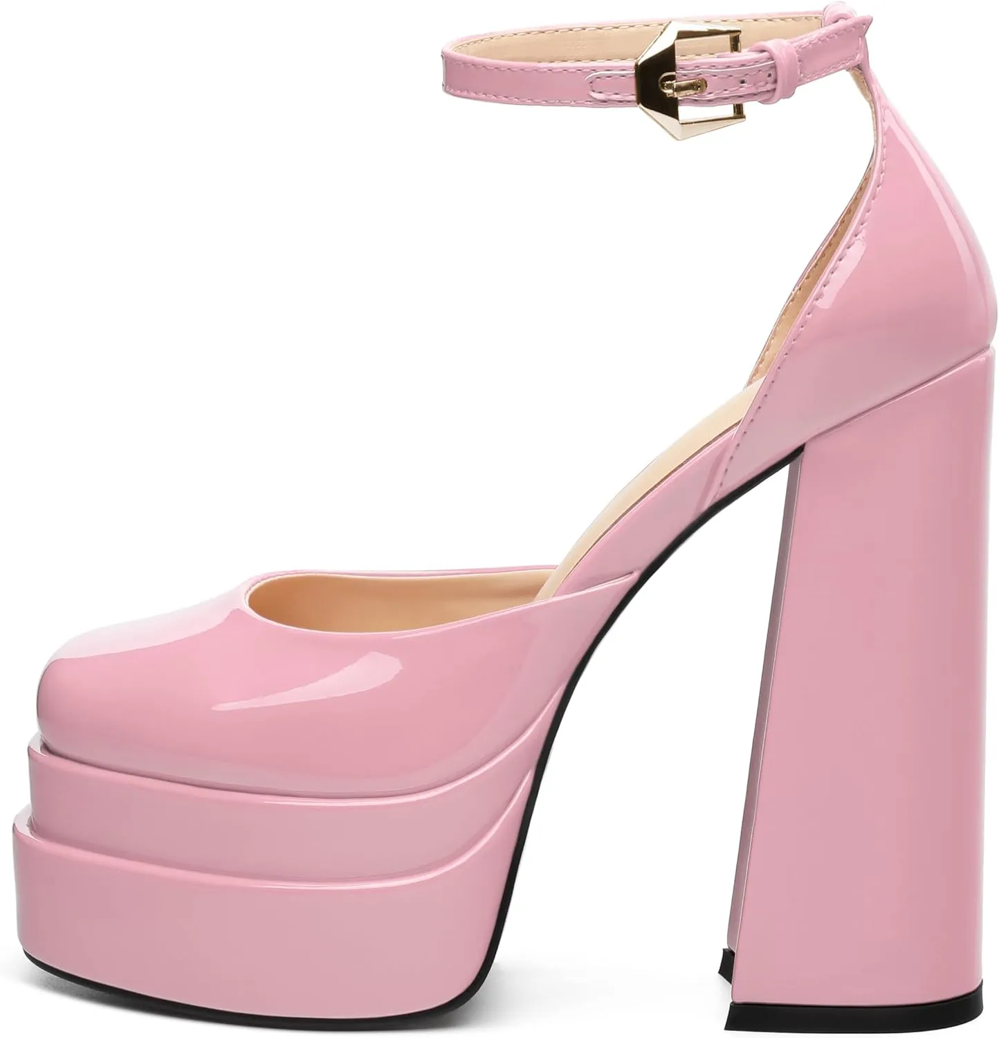 FOGEENA Platform Chunky Heels for Women Block High Heels Patent Closed Round Toe Ankle Strap 5.9 Inch Pumps Fashion Dating Prom Party Dress Shoes