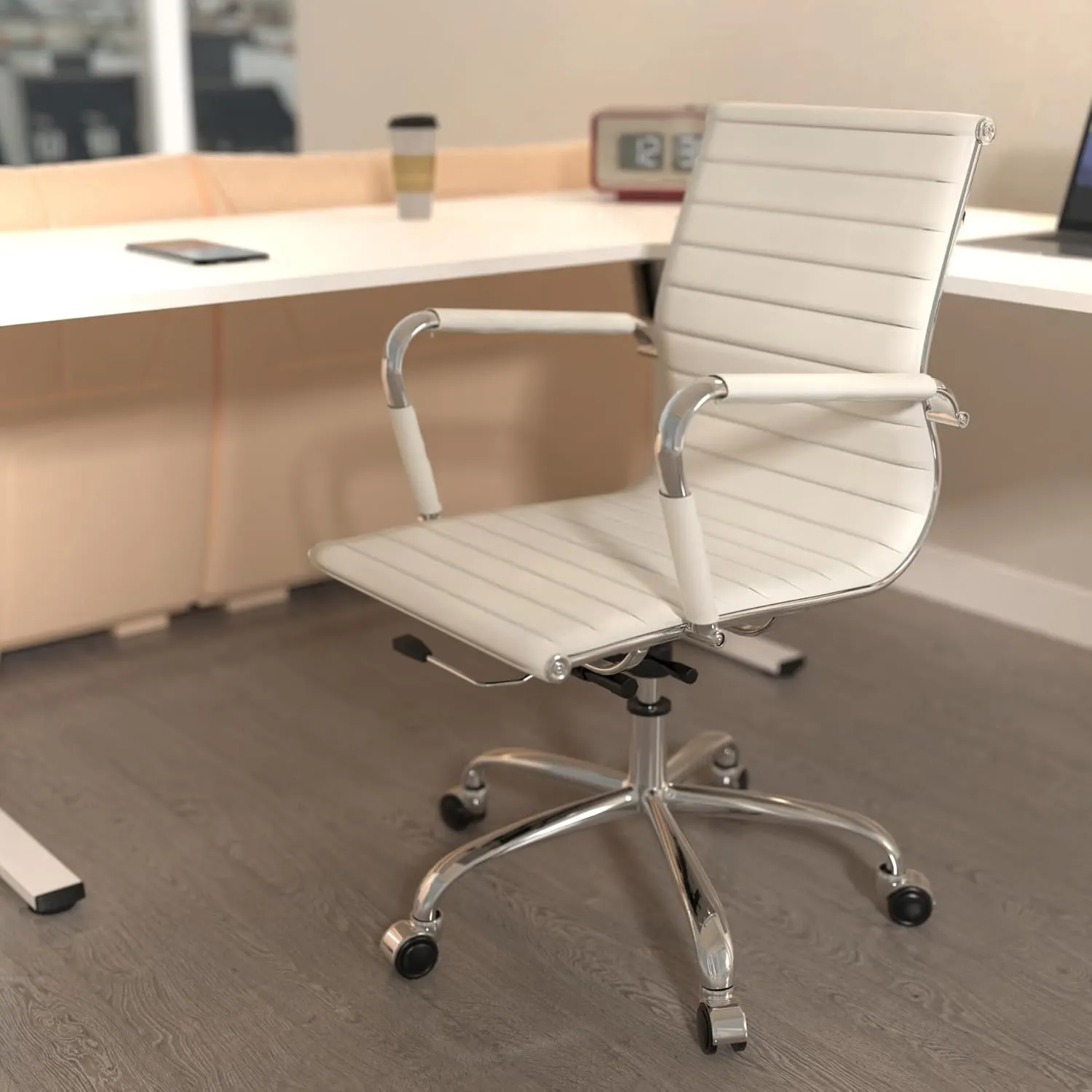 Fohfurniture PU Leather Tall Ribbed Executive Chair, Ergonomic Office Chair, Hotel Task Chair, Leather Height Adjustable Swivel Chairs, Conference Room Chair with Arms (Mid Back, White)
