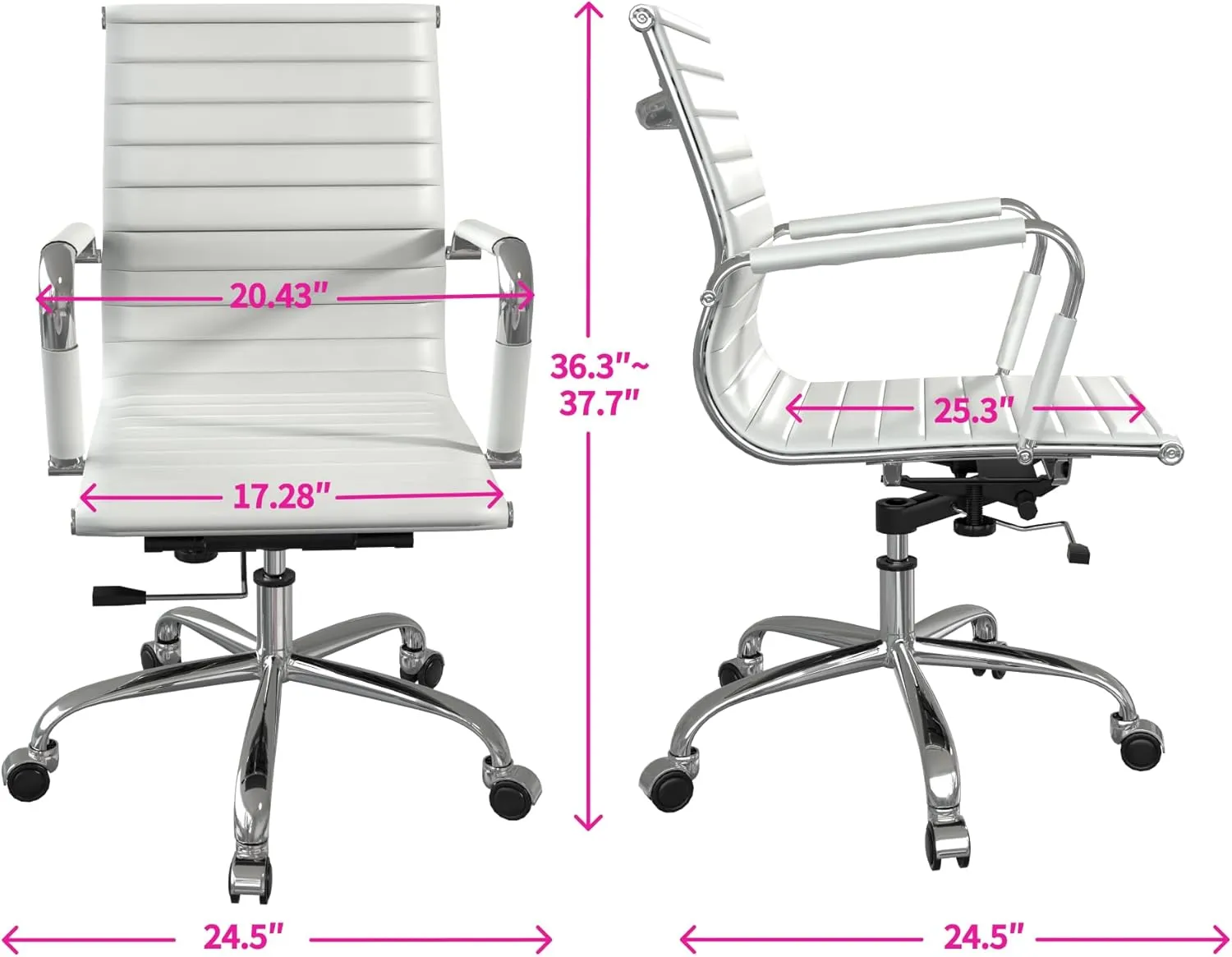 Fohfurniture PU Leather Tall Ribbed Executive Chair, Ergonomic Office Chair, Hotel Task Chair, Leather Height Adjustable Swivel Chairs, Conference Room Chair with Arms (Mid Back, White)