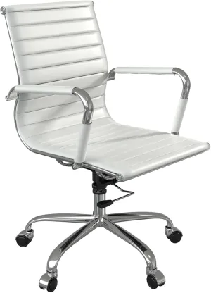 Fohfurniture PU Leather Tall Ribbed Executive Chair, Ergonomic Office Chair, Hotel Task Chair, Leather Height Adjustable Swivel Chairs, Conference Room Chair with Arms (Mid Back, White)