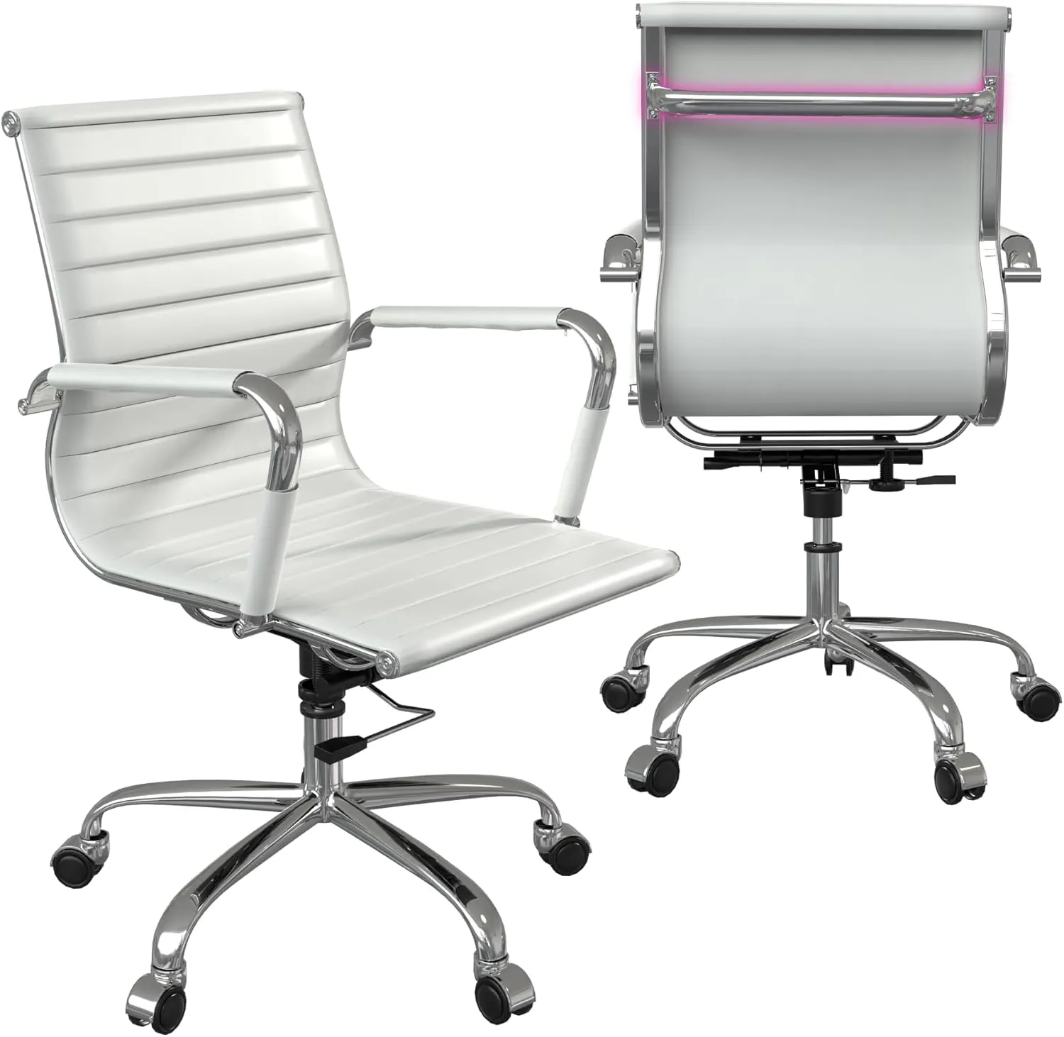 Fohfurniture PU Leather Tall Ribbed Executive Chair, Ergonomic Office Chair, Hotel Task Chair, Leather Height Adjustable Swivel Chairs, Conference Room Chair with Arms (Mid Back, White)