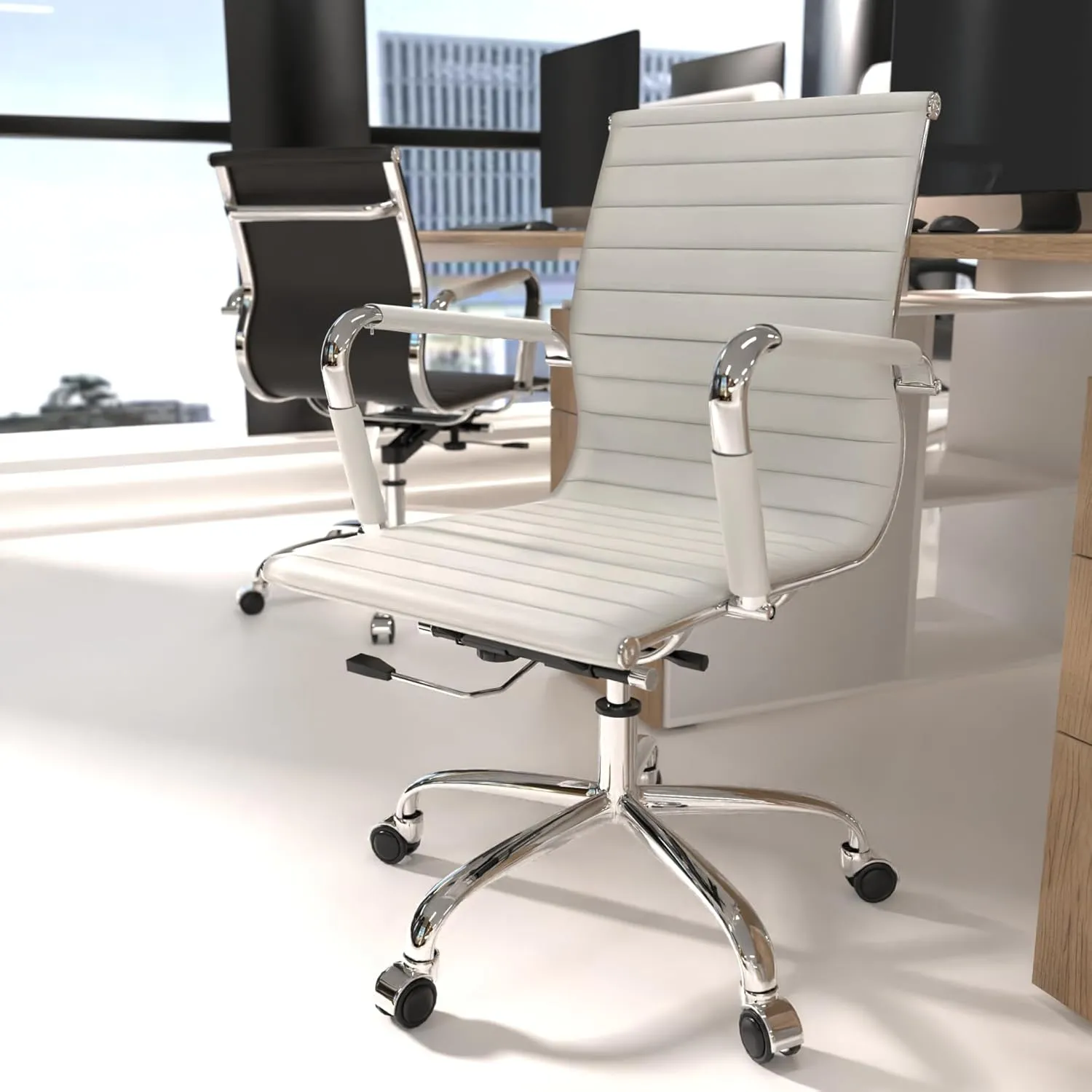 Fohfurniture PU Leather Tall Ribbed Executive Chair, Ergonomic Office Chair, Hotel Task Chair, Leather Height Adjustable Swivel Chairs, Conference Room Chair with Arms (Mid Back, White)