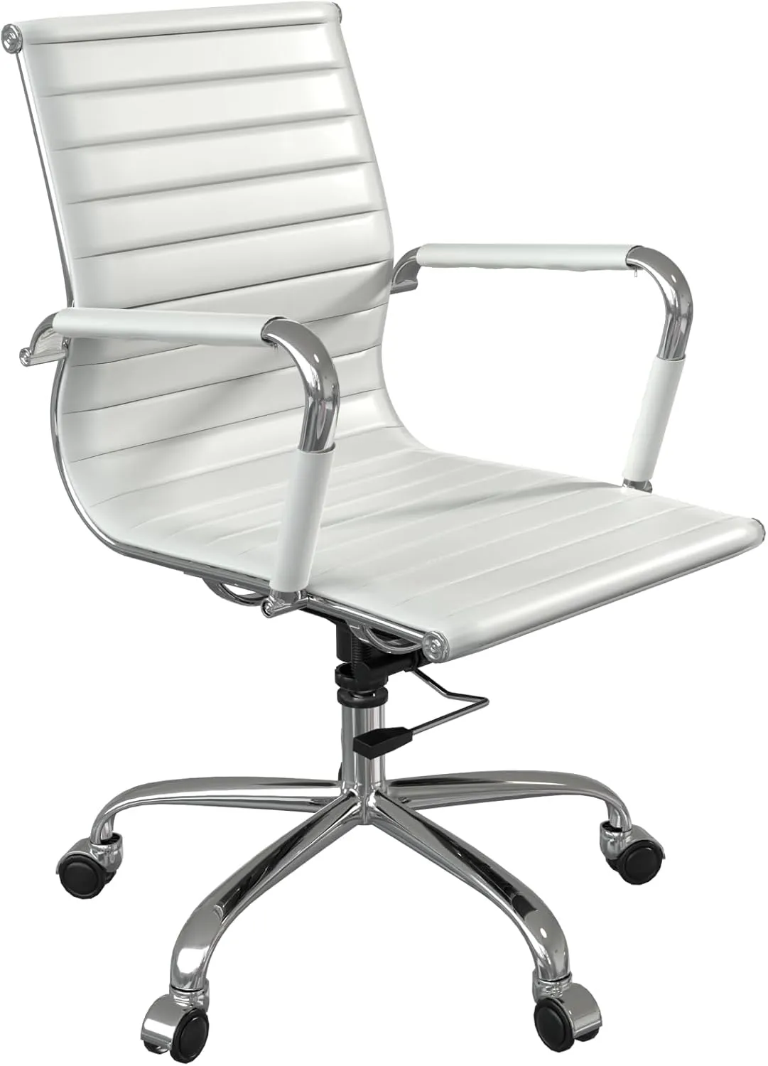 Fohfurniture PU Leather Tall Ribbed Executive Chair, Ergonomic Office Chair, Hotel Task Chair, Leather Height Adjustable Swivel Chairs, Conference Room Chair with Arms (Mid Back, White)