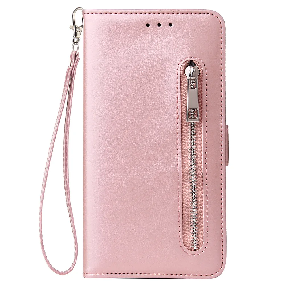 For Huawei Enjoy 9-Y7 2019-Y7 PRIME 2019 with fingerprint hole - Y7 PRO 2019 Solid Color PU Leather Zipper Wallet Double Buckle Protective Case with Stand & Lanyard red