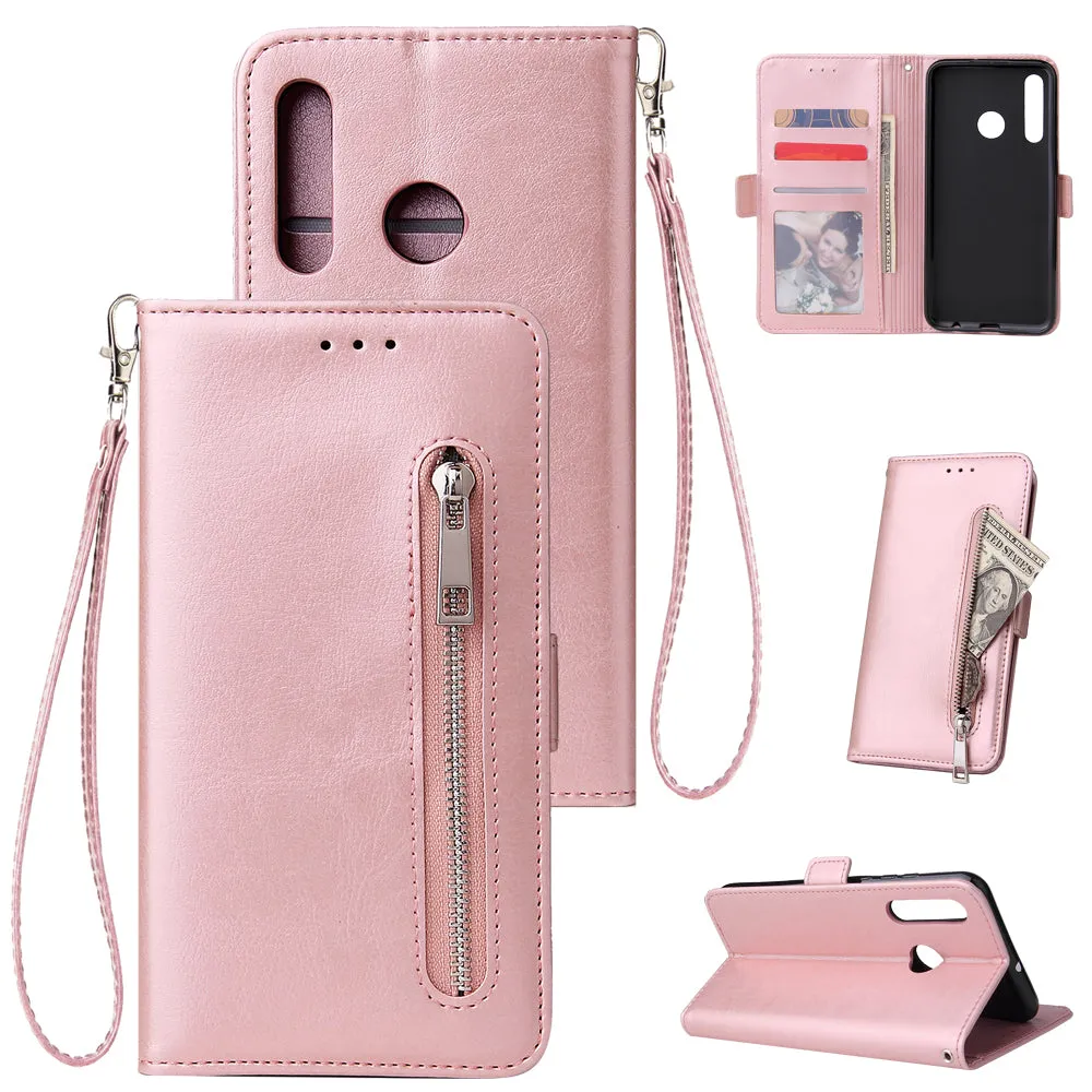 For Huawei Enjoy 9-Y7 2019-Y7 PRIME 2019 with fingerprint hole - Y7 PRO 2019 Solid Color PU Leather Zipper Wallet Double Buckle Protective Case with Stand & Lanyard red