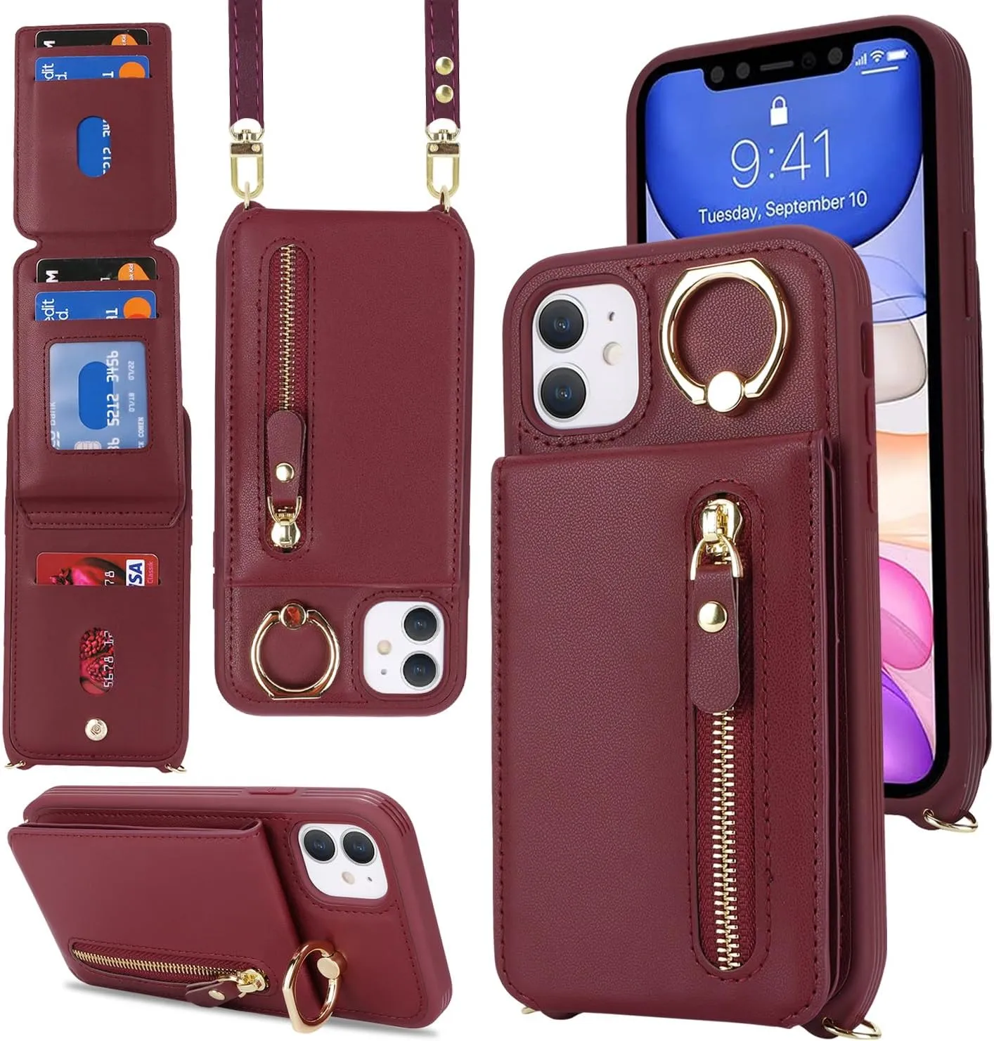 for iPhone 11 Phone Case with Card Holder and Strap for Women, Crossbody Bag with Ring Stand Zipper Wallet Case for Apple11 Purse - Red Wine