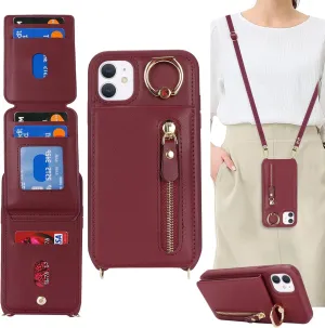 for iPhone 11 Phone Case with Card Holder and Strap for Women, Crossbody Bag with Ring Stand Zipper Wallet Case for Apple11 Purse - Red Wine
