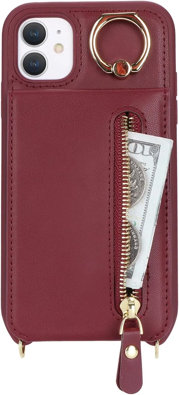 for iPhone 11 Phone Case with Card Holder and Strap for Women, Crossbody Bag with Ring Stand Zipper Wallet Case for Apple11 Purse - Red Wine
