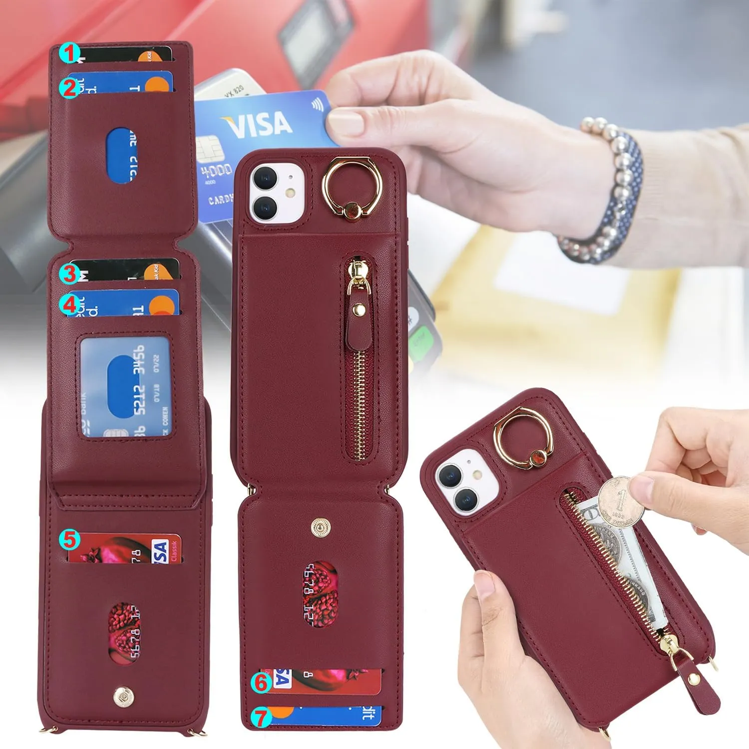 for iPhone 11 Phone Case with Card Holder and Strap for Women, Crossbody Bag with Ring Stand Zipper Wallet Case for Apple11 Purse - Red Wine