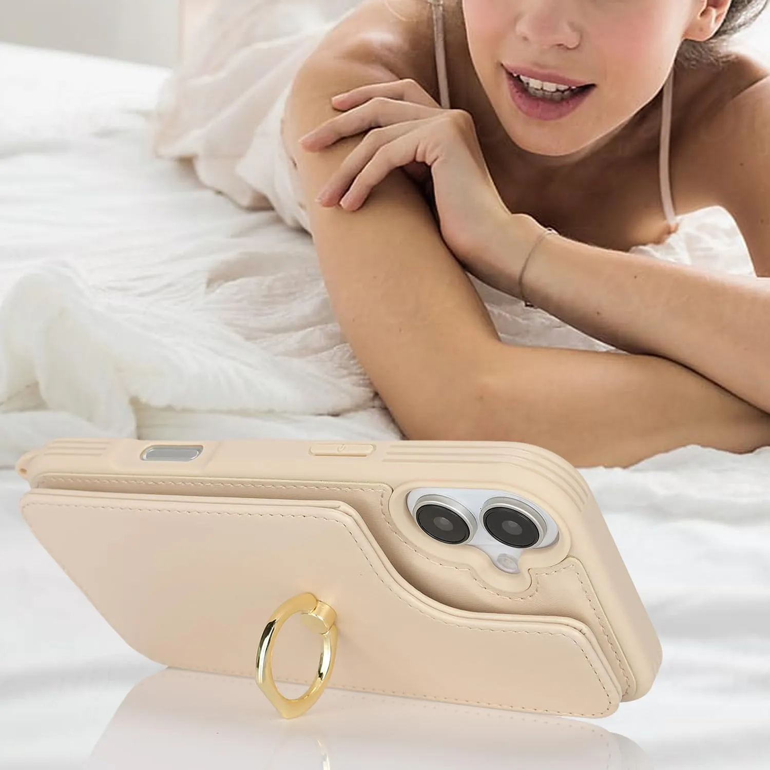 for iPhone 16 Case with Card Holder and Strap for Women,Crossbody Lanyard,Ring Stand,Snap Clasp,Cute Phone Wallet Cases 6.1 inch(Beige)