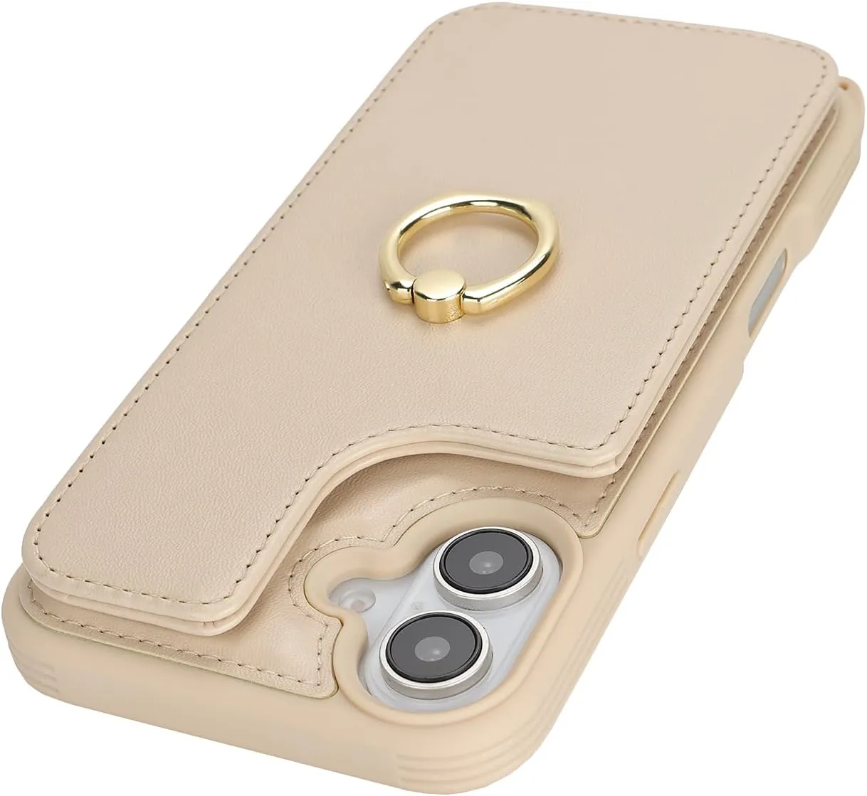 for iPhone 16 Case with Card Holder and Strap for Women,Crossbody Lanyard,Ring Stand,Snap Clasp,Cute Phone Wallet Cases 6.1 inch(Beige)
