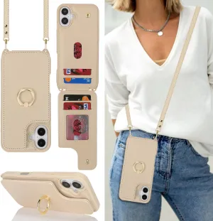 for iPhone 16 Case with Card Holder and Strap for Women,Crossbody Lanyard,Ring Stand,Snap Clasp,Cute Phone Wallet Cases 6.1 inch(Beige)