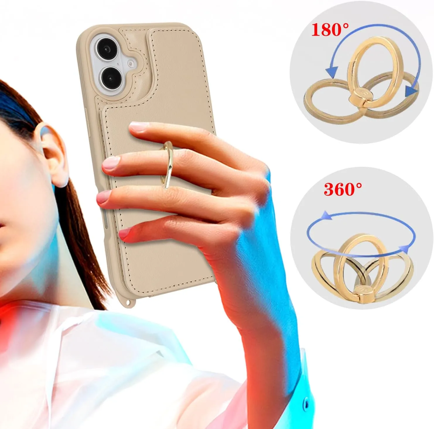 for iPhone 16 Case with Card Holder and Strap for Women,Crossbody Lanyard,Ring Stand,Snap Clasp,Cute Phone Wallet Cases 6.1 inch(Beige)