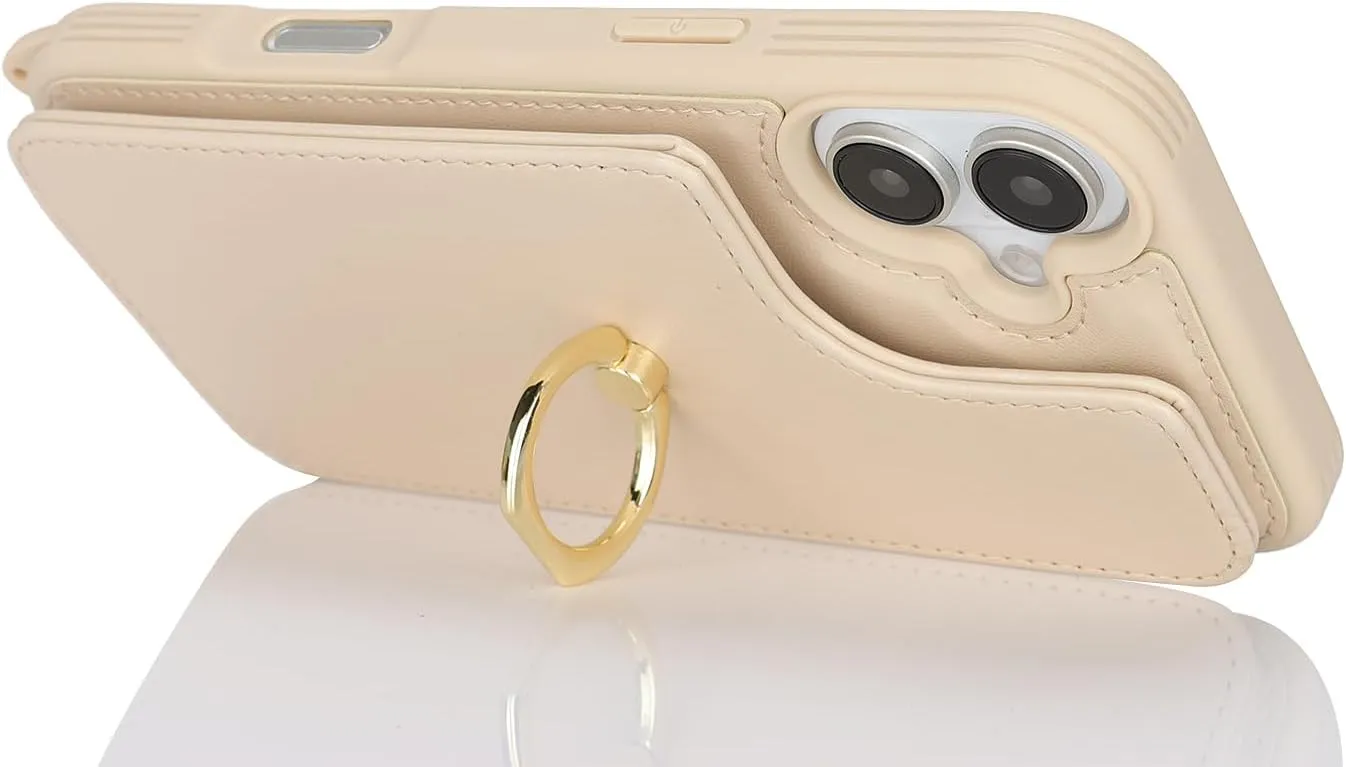 for iPhone 16 Case with Card Holder and Strap for Women,Crossbody Lanyard,Ring Stand,Snap Clasp,Cute Phone Wallet Cases 6.1 inch(Beige)