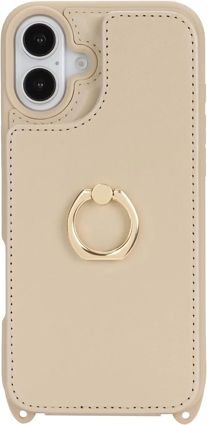 for iPhone 16 Case with Card Holder and Strap for Women,Crossbody Lanyard,Ring Stand,Snap Clasp,Cute Phone Wallet Cases 6.1 inch(Beige)
