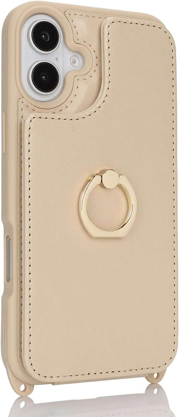 for iPhone 16 Case with Card Holder and Strap for Women,Crossbody Lanyard,Ring Stand,Snap Clasp,Cute Phone Wallet Cases 6.1 inch(Beige)