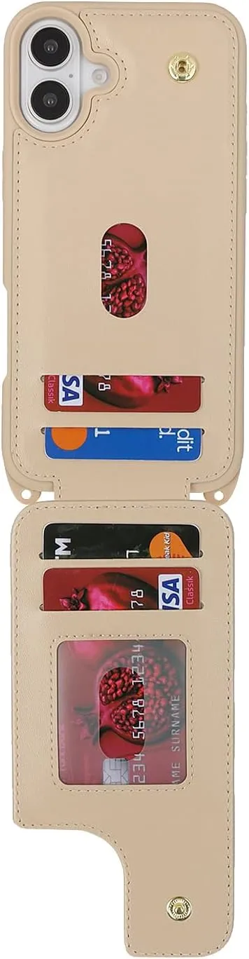 for iPhone 16 Case with Card Holder and Strap for Women,Crossbody Lanyard,Ring Stand,Snap Clasp,Cute Phone Wallet Cases 6.1 inch(Beige)