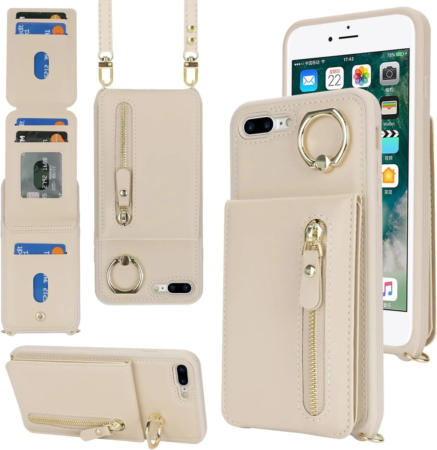 for iPhone 7 Plus/8 Plus Phone Case with Card Holder and Strap for Women, Crossbody Bag with Ring Stand Zipper Wallet Case for Apple7/8Plus Purse - Warm White