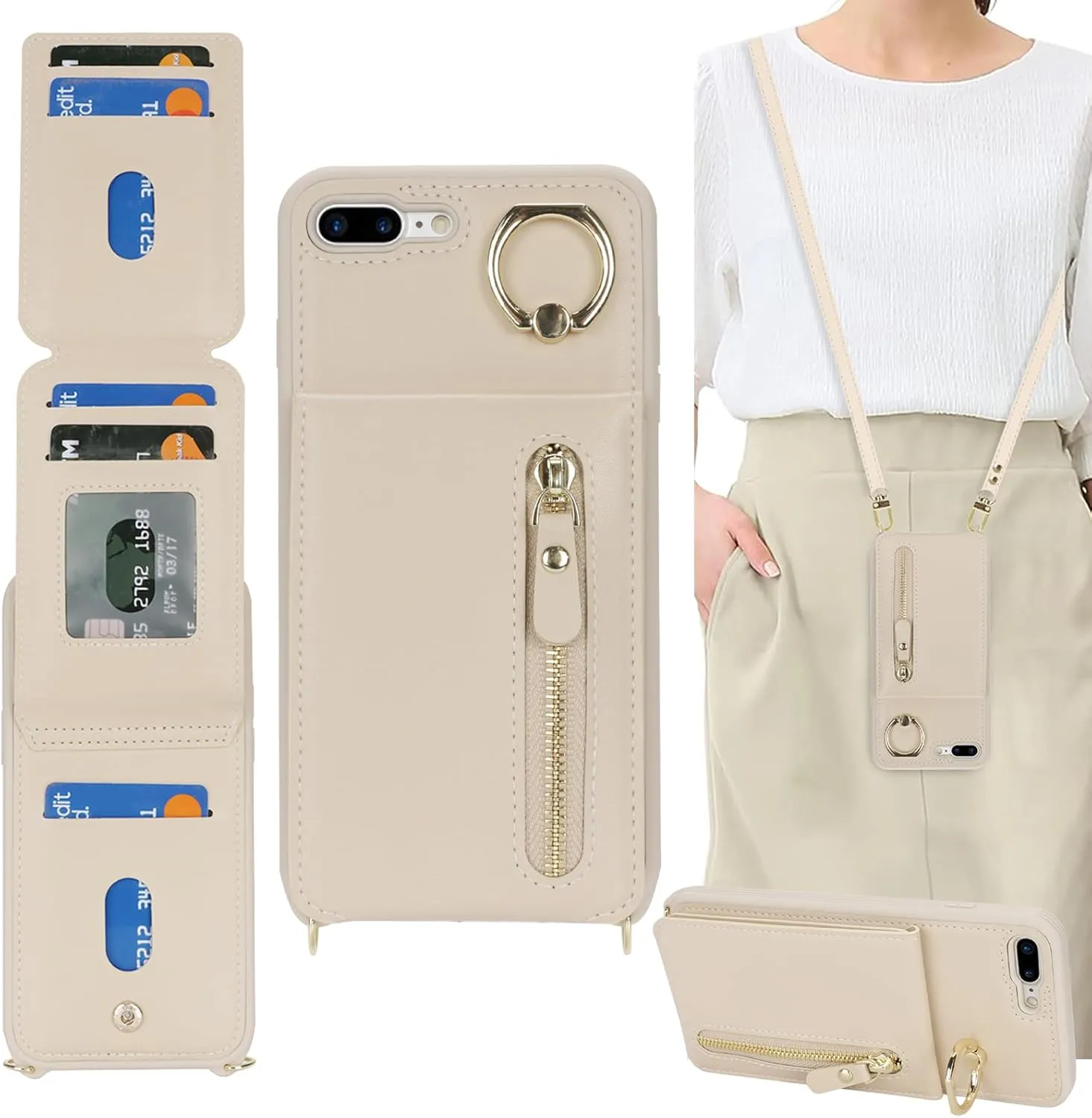 for iPhone 7 Plus/8 Plus Phone Case with Card Holder and Strap for Women, Crossbody Bag with Ring Stand Zipper Wallet Case for Apple7/8Plus Purse - Warm White