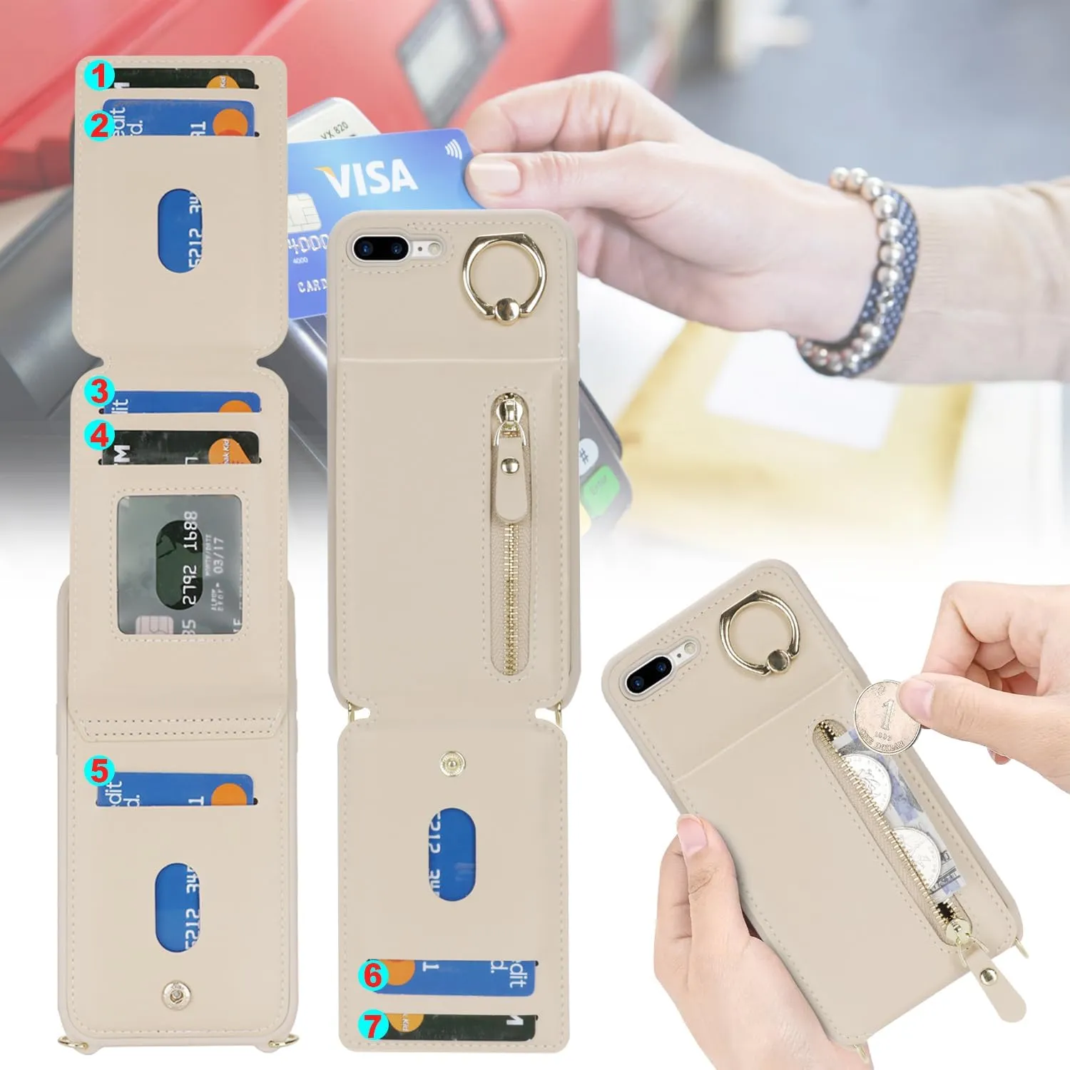 for iPhone 7 Plus/8 Plus Phone Case with Card Holder and Strap for Women, Crossbody Bag with Ring Stand Zipper Wallet Case for Apple7/8Plus Purse - Warm White