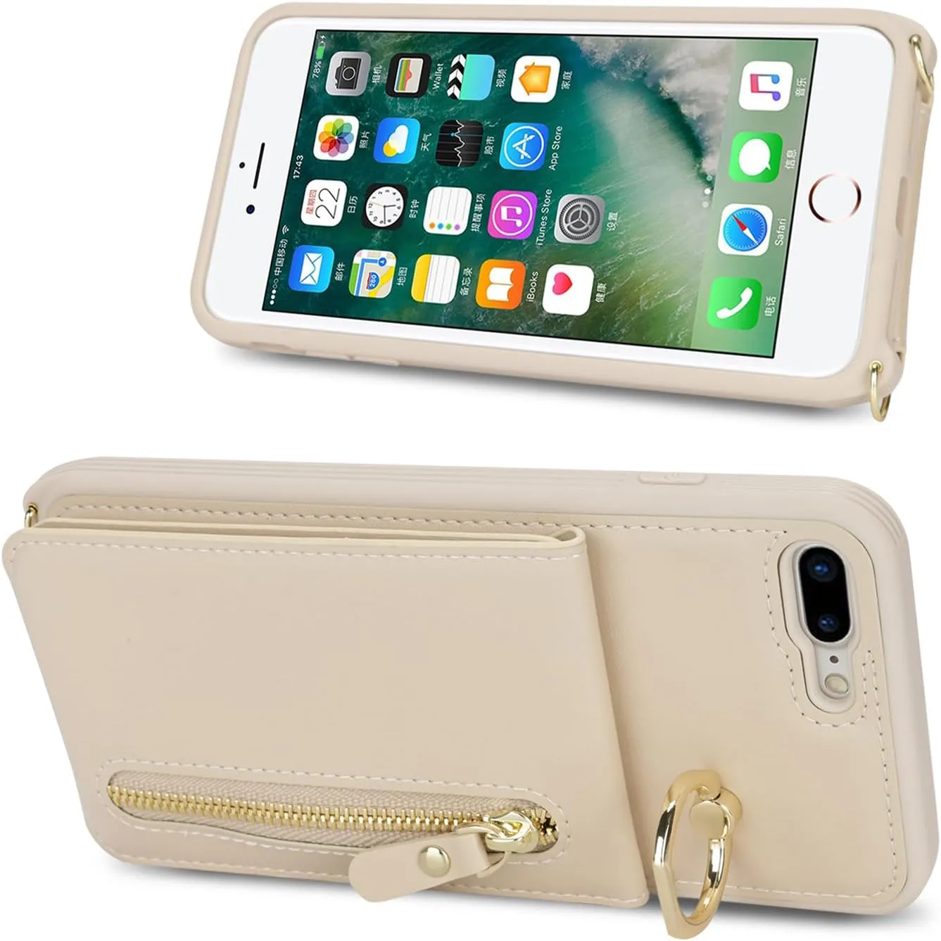 for iPhone 7 Plus/8 Plus Phone Case with Card Holder and Strap for Women, Crossbody Bag with Ring Stand Zipper Wallet Case for Apple7/8Plus Purse - Warm White
