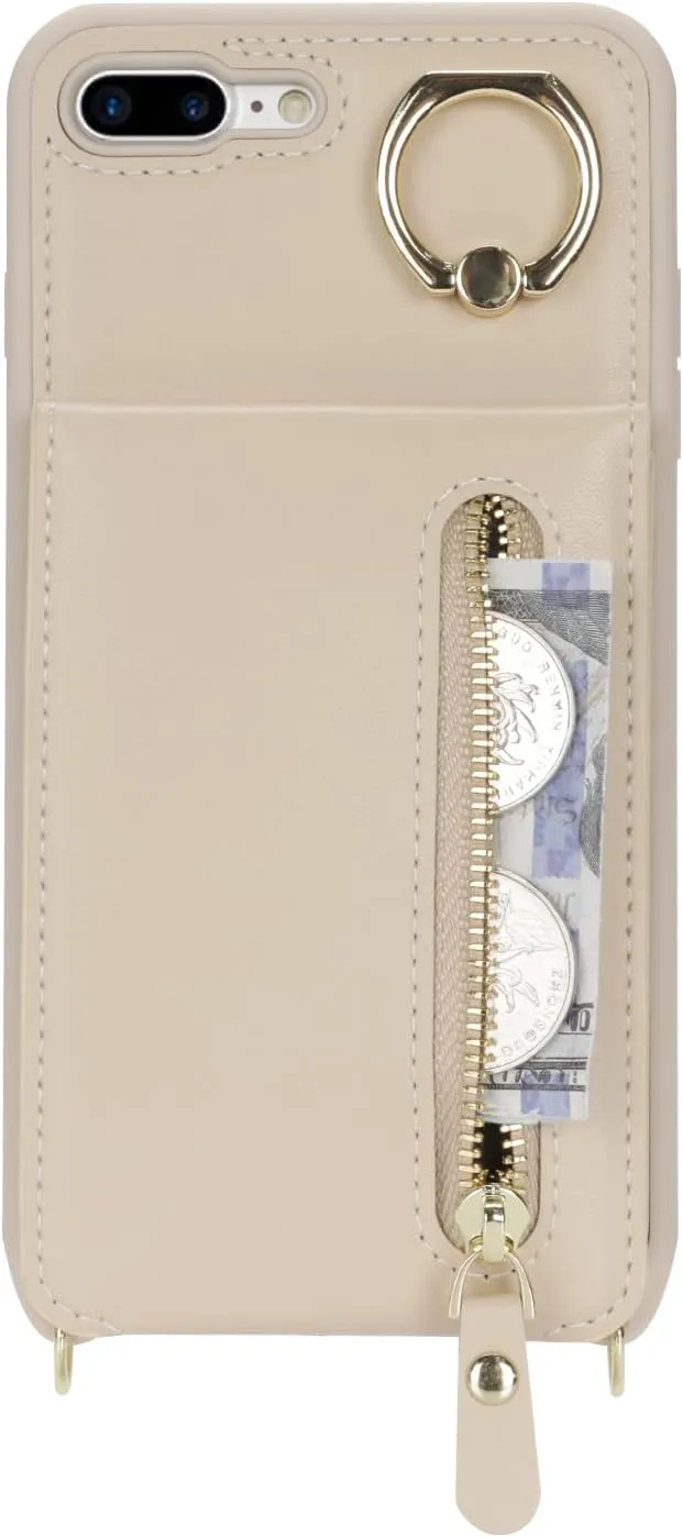 for iPhone 7 Plus/8 Plus Phone Case with Card Holder and Strap for Women, Crossbody Bag with Ring Stand Zipper Wallet Case for Apple7/8Plus Purse - Warm White