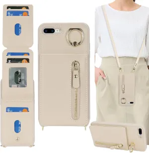for iPhone 7 Plus/8 Plus Phone Case with Card Holder and Strap for Women, Crossbody Bag with Ring Stand Zipper Wallet Case for Apple7/8Plus Purse - Warm White