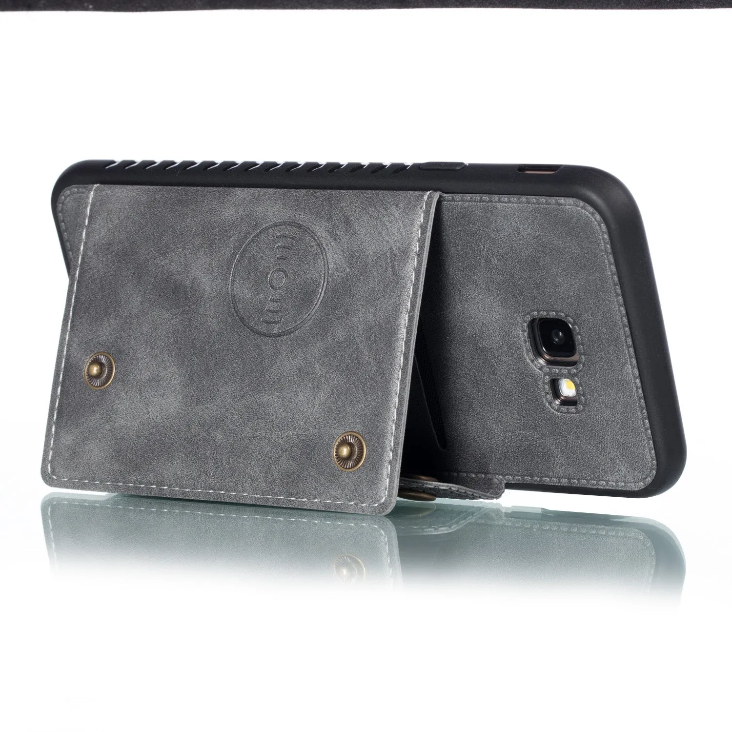 For Samsung J4 PLUS PU Protective Phone Back Case with Card Slot Bracket gray