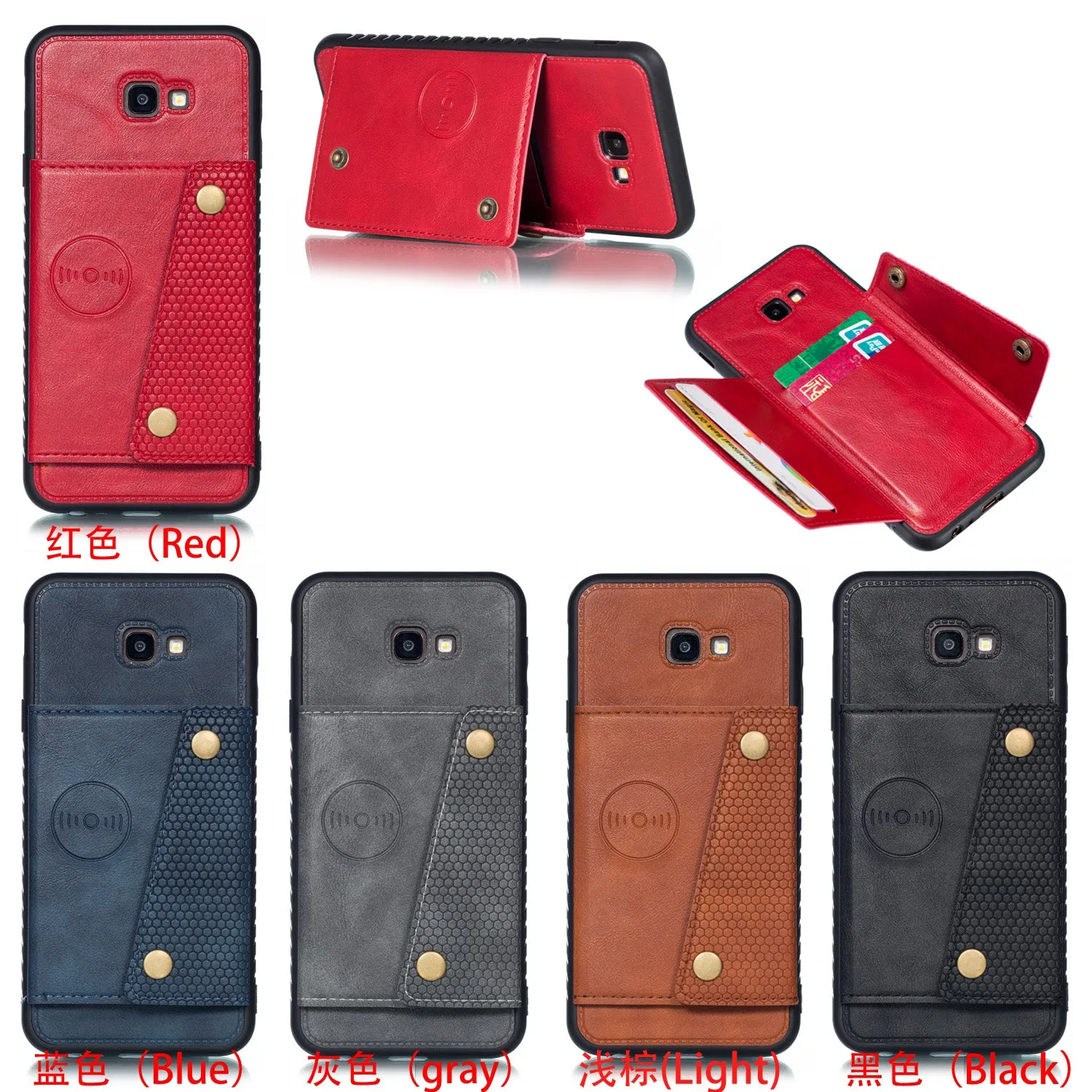 For Samsung J4 PLUS PU Protective Phone Back Case with Card Slot Bracket gray