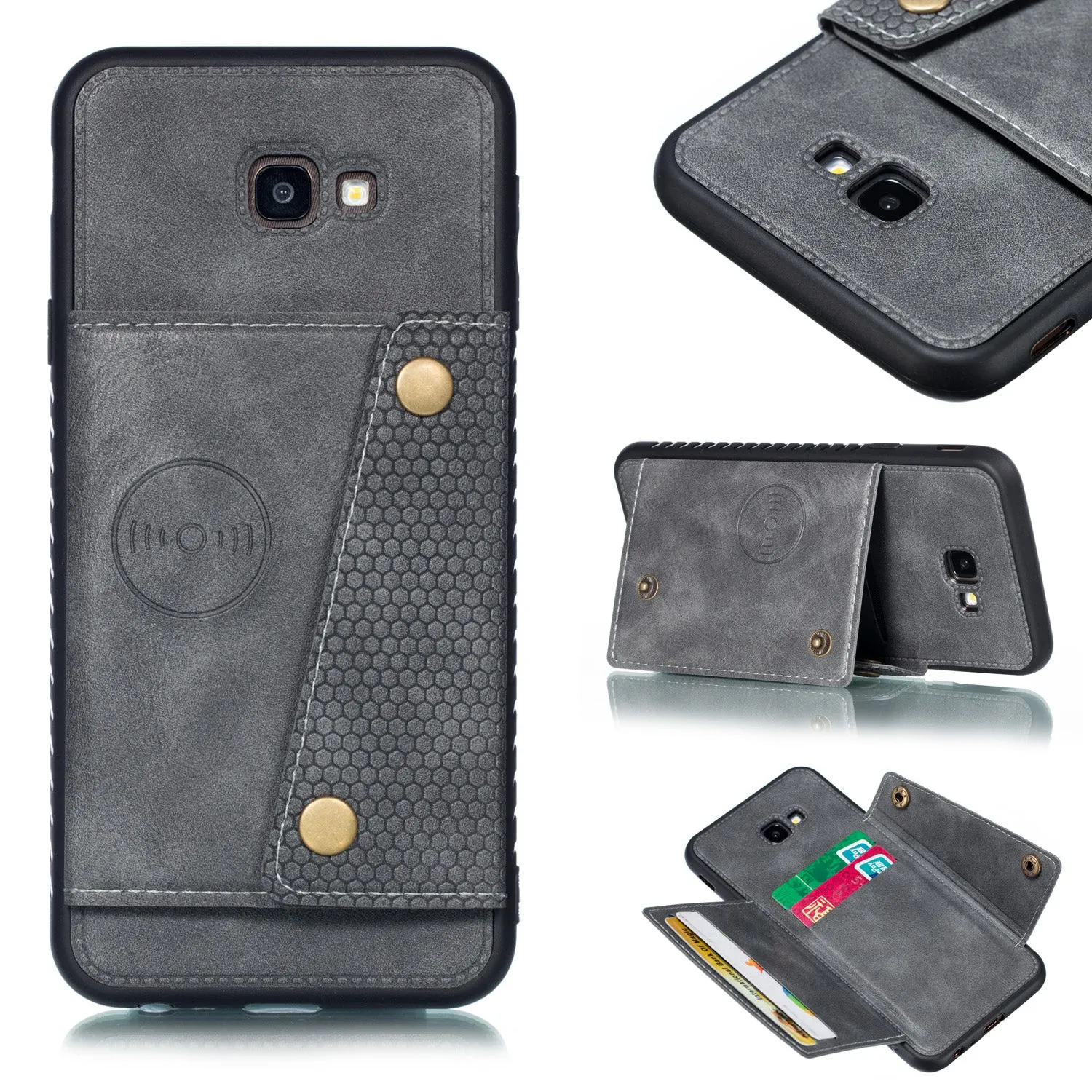 For Samsung J4 PLUS PU Protective Phone Back Case with Card Slot Bracket gray