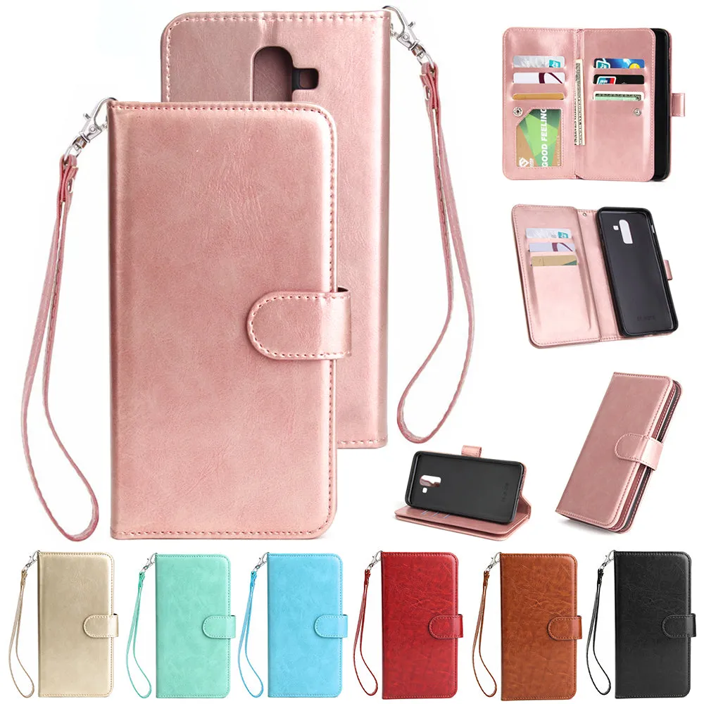 For Samsung J8 2018 PU Non-slip Shockproof Cell Phone Case with 9 Card Slots Lanyard Bracket brown