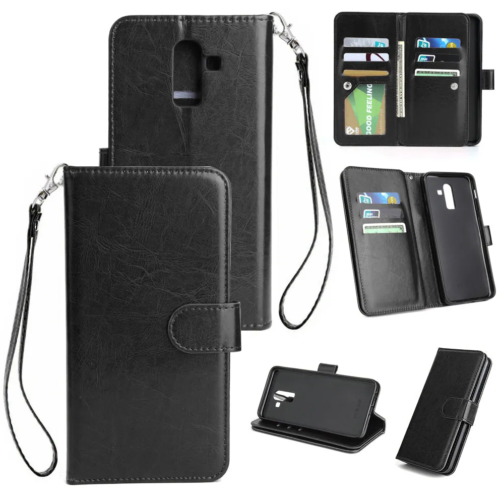 For Samsung J8 2018 PU Non-slip Shockproof Cell Phone Case with 9 Card Slots Lanyard Bracket brown