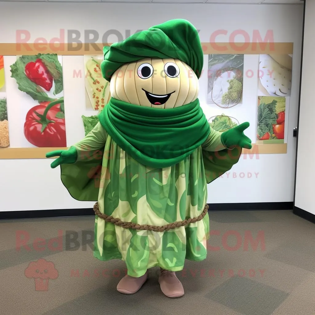 Forest Green Corned Beef And Cabbage mascot costume character dressed with a Wrap Dress and Shawl pins