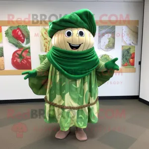 Forest Green Corned Beef And Cabbage mascot costume character dressed with a Wrap Dress and Shawl pins
