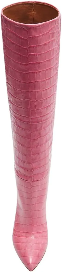 FOWT Women Fashion Crocodile Effect Pointed Toe Sitletto High Heel Straight Knee-High Boots Pull On Leather Winter Dress Long Boots Size 4-15 M US