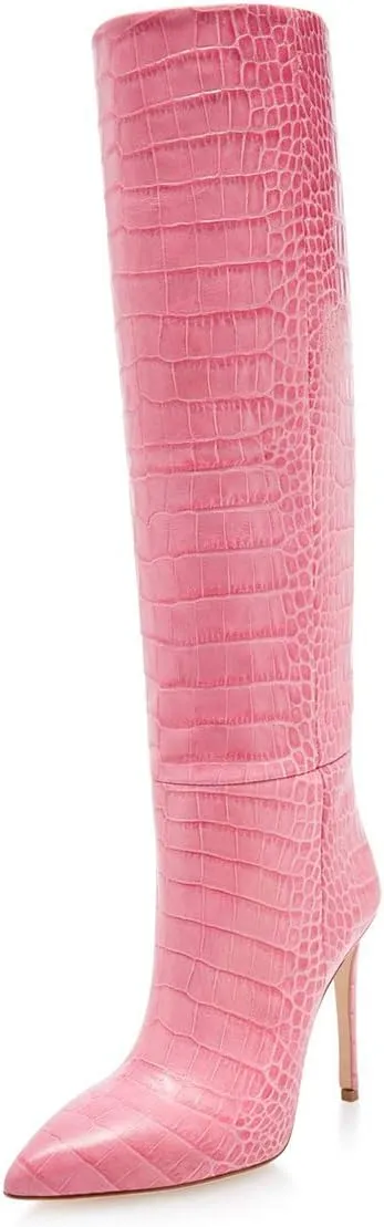 FOWT Women Fashion Crocodile Effect Pointed Toe Sitletto High Heel Straight Knee-High Boots Pull On Leather Winter Dress Long Boots Size 4-15 M US