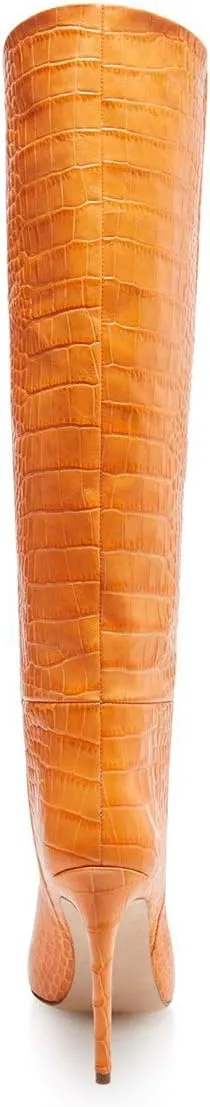 FOWT Women Fashion Crocodile Effect Pointed Toe Sitletto High Heel Straight Knee-High Boots Pull On Leather Winter Dress Long Boots Size 4-15 M US