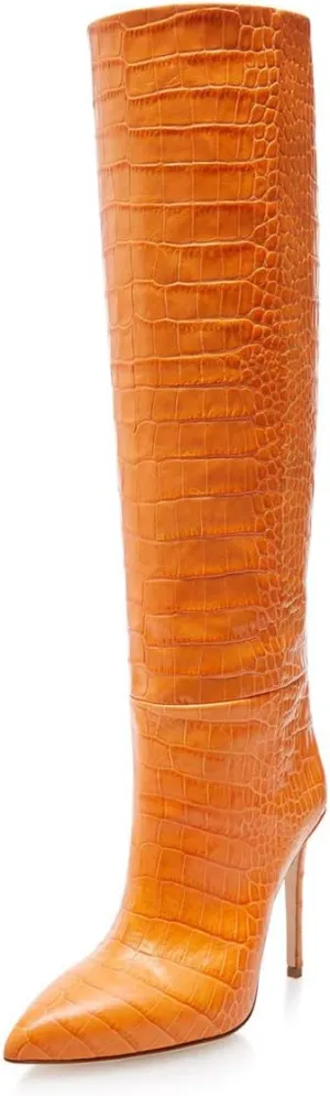 FOWT Women Fashion Crocodile Effect Pointed Toe Sitletto High Heel Straight Knee-High Boots Pull On Leather Winter Dress Long Boots Size 4-15 M US