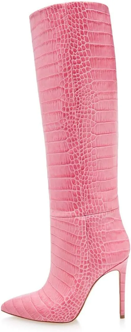 FOWT Women Fashion Crocodile Effect Pointed Toe Sitletto High Heel Straight Knee-High Boots Pull On Leather Winter Dress Long Boots Size 4-15 M US