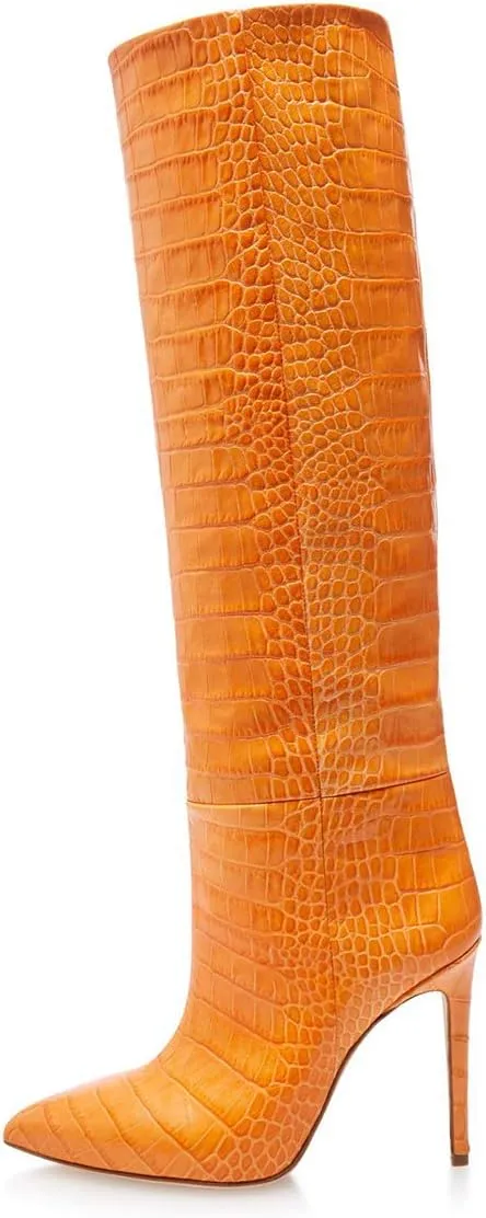 FOWT Women Fashion Crocodile Effect Pointed Toe Sitletto High Heel Straight Knee-High Boots Pull On Leather Winter Dress Long Boots Size 4-15 M US