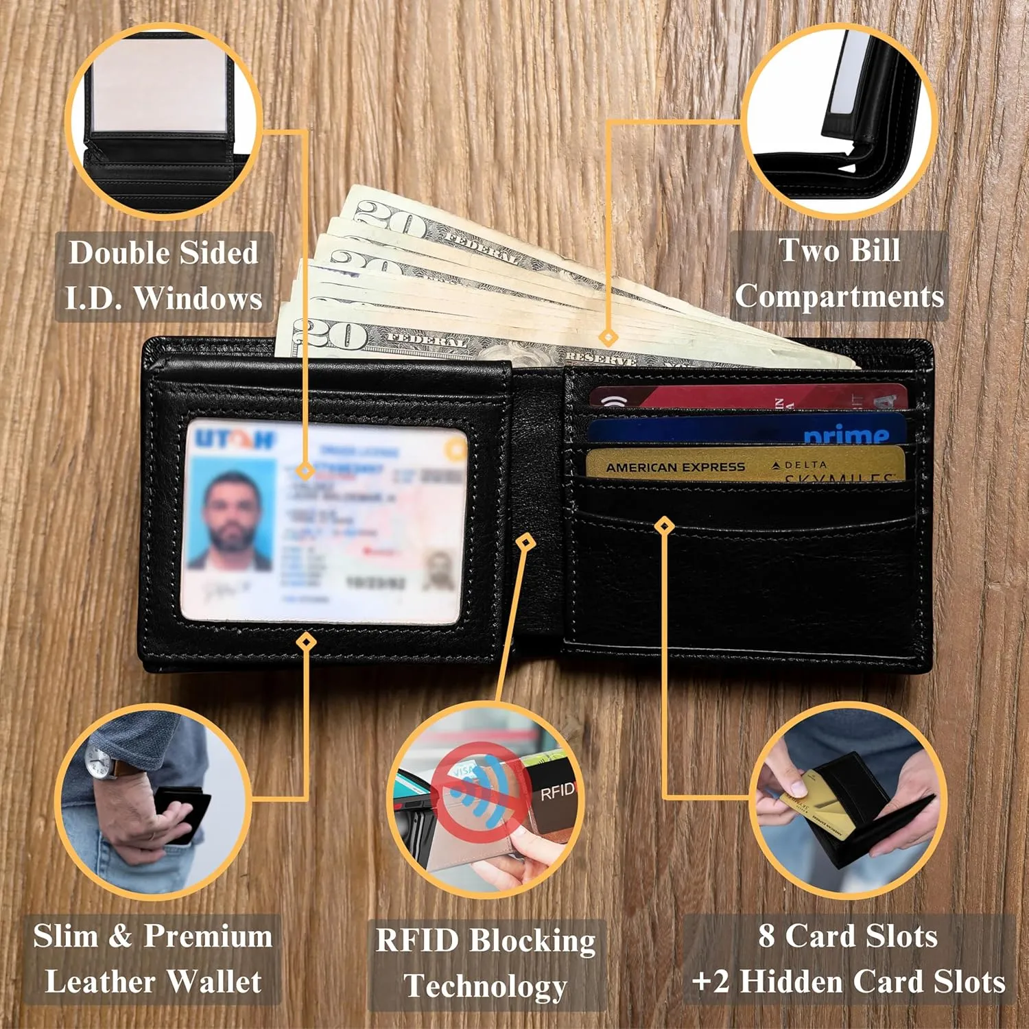 Full Grain Leather Wallet for Men - Mens Bifold Wallet RFID Blocking with Extra Capacity 10 Cards Slots with 2 ID Windows - Minimalist Mens Billfold Wallet - Mens Slim Wallet with Gift Box - Black