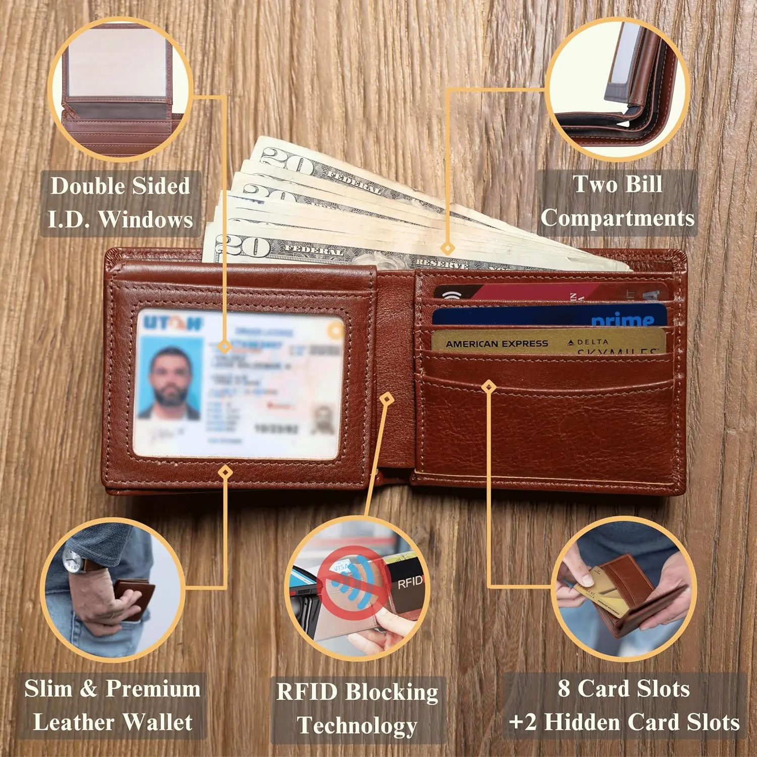 Full Grain Leather Wallet for Men - Mens Bifold Wallet RFID Blocking with Extra Capacity 10 Cards Slots with 2 ID Windows - Minimalist Mens Billfold Wallet - Mens Slim Wallet with Gift Box - Brown