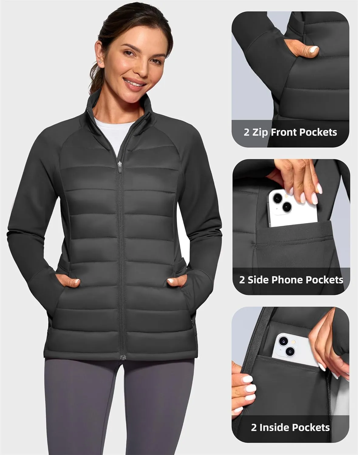 G Gradual Women's Running Fleece Lined Jackets 6 Pockets Lightweight Water Resistant Puffer Jacket for Hiking Travel